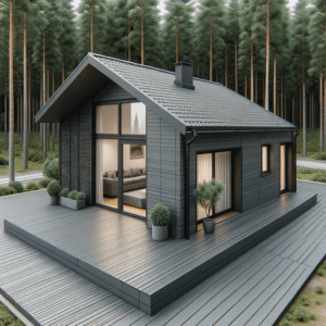 DALL·E 2024 01 17 00.06.13 A realistic energy efficient single story mini house with a very large single level gray colored terrace featuring a graphite dark gray wooden fa